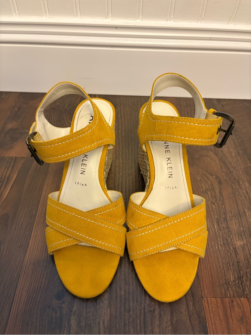 Anne Klein Mustard Suede Crisscross Espadrille Wedges